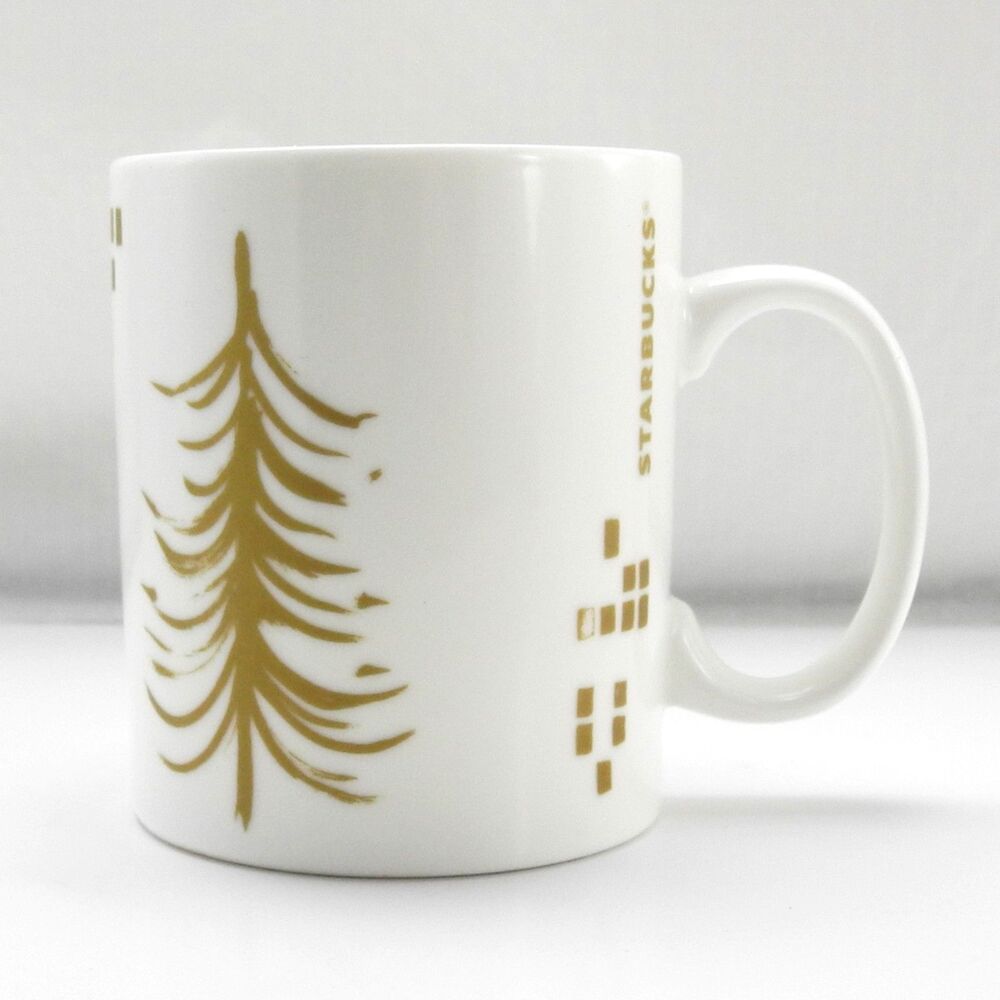 Starbucks 2014 Gold Christmas Tree Village Coffee Mug 15.2 oz Holiday